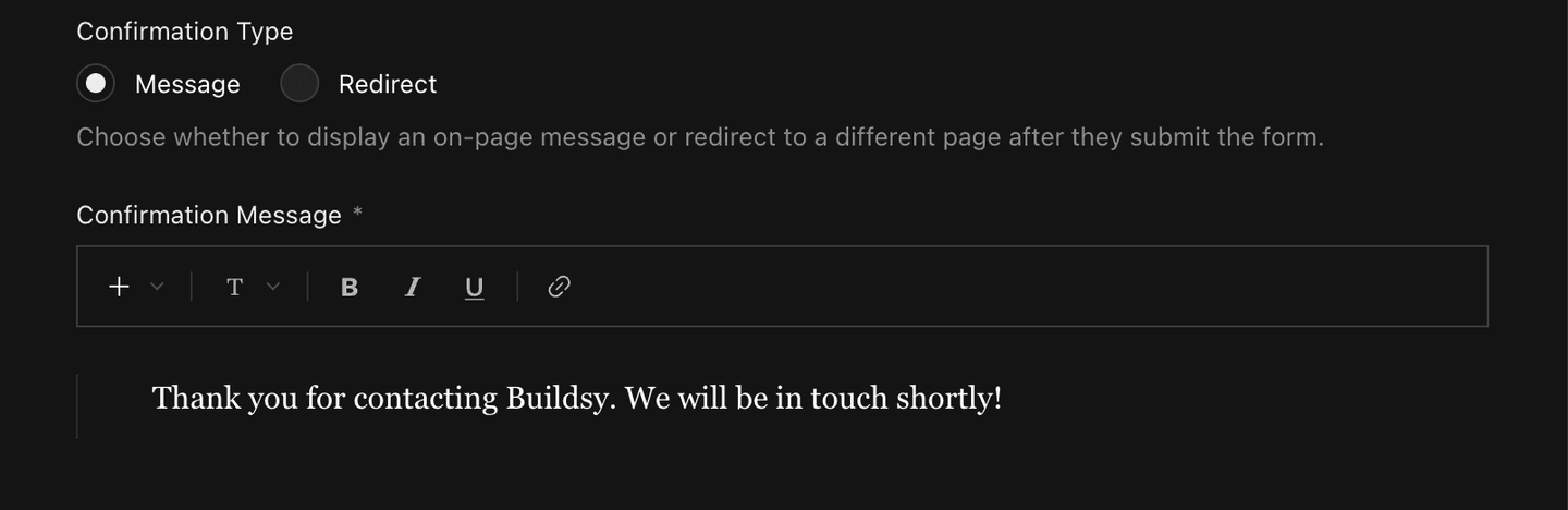 redirect or thank you message
